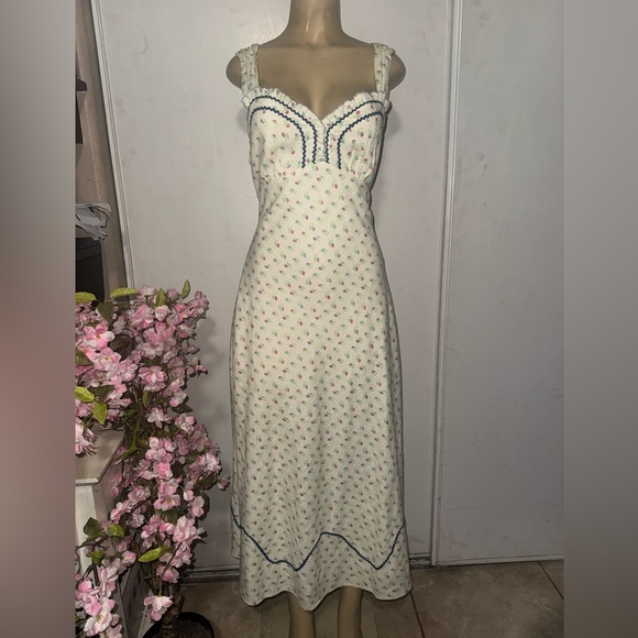 Free People Cream Floral Midi Dress with Blue Details - Picture 3 of 13